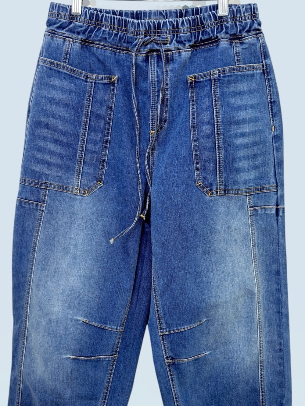 NWT Curved Barrel Leg Horseshoe Denim Cropped Drawstring Jeans M FLAMINGALS - Picture 5 of 12
